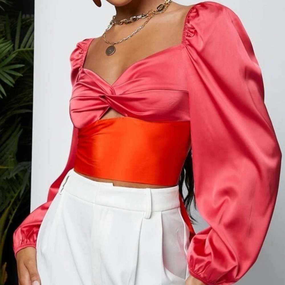 Pink and Orange Balloon Long Sleeve Colorblock Crop Top Size S